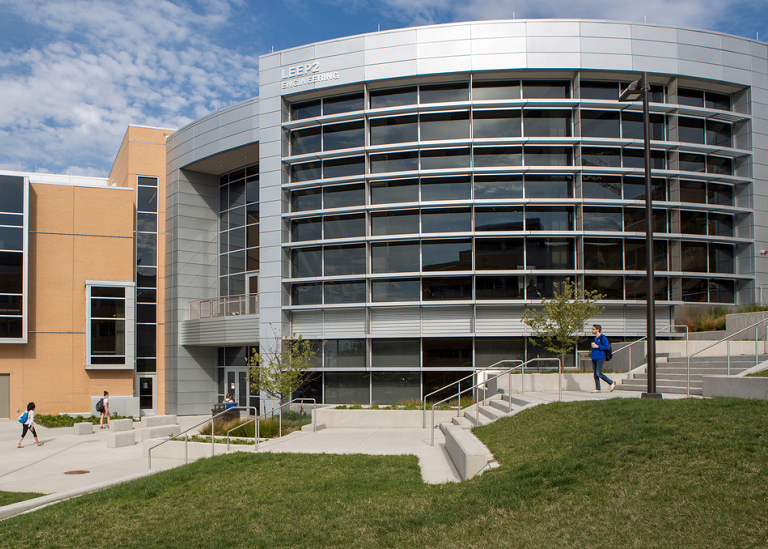 LEEP2 building with students walking in front