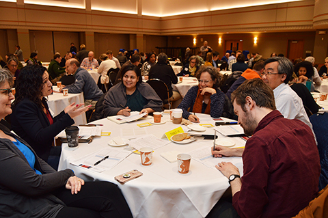 "Participants at the Feb. 28, 2020, Campus Conversation participate in a Master Objectives exercise to help move the university from strategic planning to strategic doing."