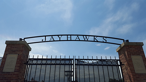 The Jayhawk Gate is near Memorial Stadium on the KU Lawrence campus.