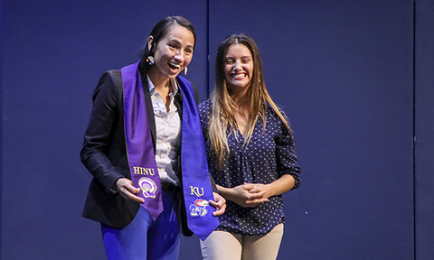 U.S. Rep. Sharice Davids talks with students at KU in advance of 2019 Indigenous Peoples Day. Photo courtesy of the KU Center for Educational Opportunity Programs.